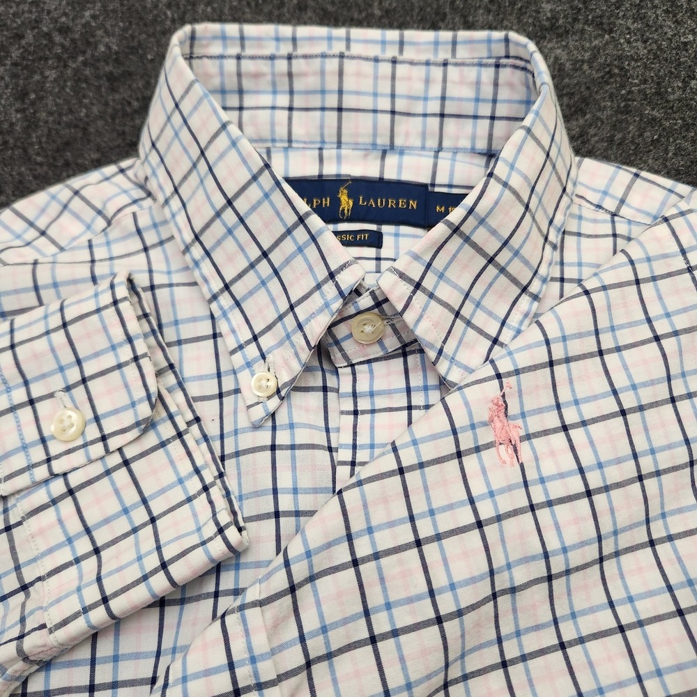Ralph Lauren Mens Medium 15.5 White Blue Pink Plaid Classic Fit Button Up Shirt